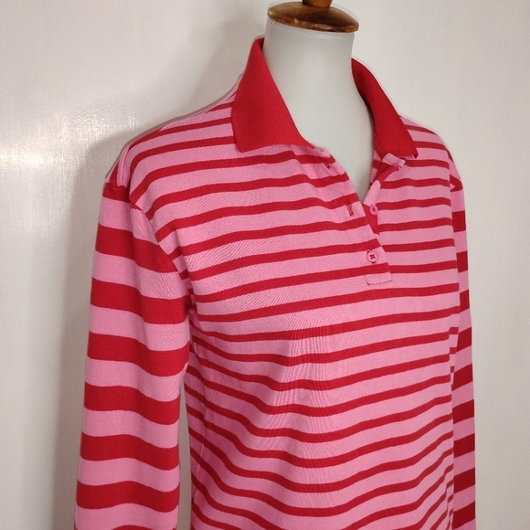 RED AND PINK STRIPED POLO SHIRT - Picture 1 of 6